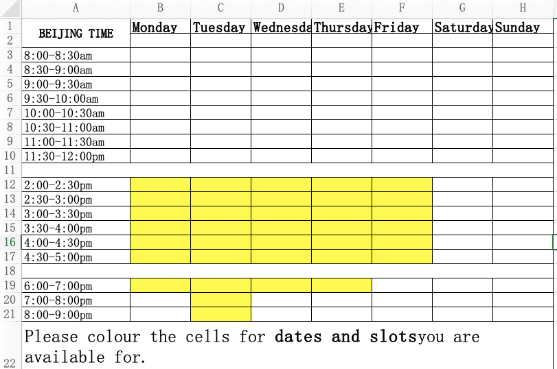 Schedule for teaching classes